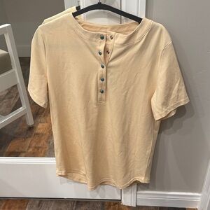 Lucky & Blessed -Henley style short sleeved top with turquoise snaps -